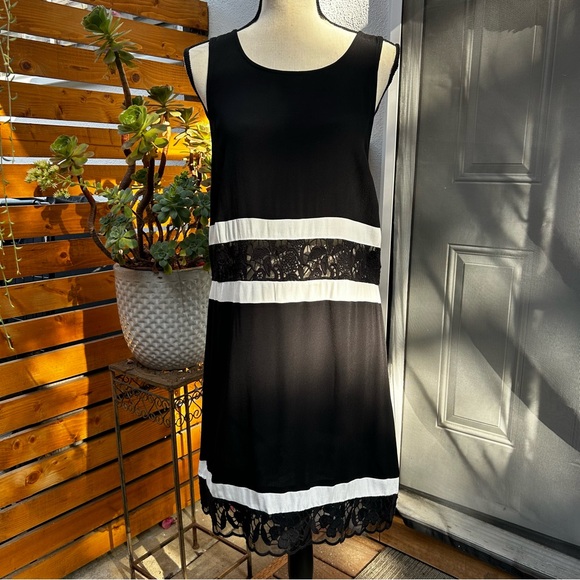 Astr Sleeveless Black White Shift Dress Lace Peek a Boo Elegant Feminine Sz L - Picture 1 of 10